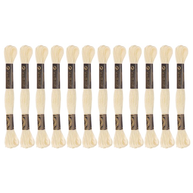 Unique Bargains Cream Embroidery Floss, 8m - 12 Skeins, arranged in a neat row. Each skein is crafted from long-fiber cotton, providing a glossy finish and vibrant cream color. The floss features six separable threads, suitable for embroidery, bracelets, tassels, and needlework. Black and gold labels keep the skeins tightly wound for easy use and storage.