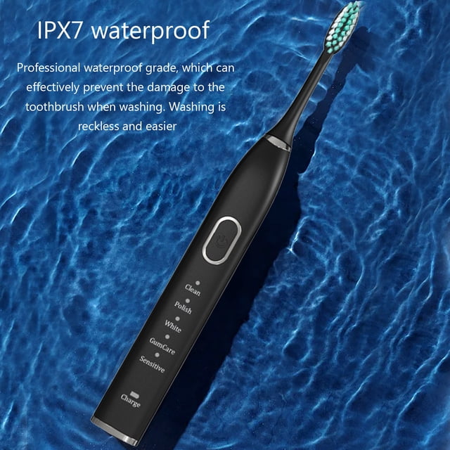 LSLJS Electric Toothbrush with Smart Timer, a black rechargeable toothbrush featuring five brushing modes: Clean, Polish, White, GumCare, and Sensitive. Highlighted against a water background to emphasize its IPX7 waterproof rating. Includes 3 brush heads, USB charging, and 31000VPM high vibration for effective cleaning. Suitable for adults and kids.