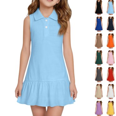 YOUYEDIAN Girls Polo Shirt Dress Size 13-14 Kids Summer Casual Sleeveless School Uniform Toddler Golf Collared Outfits Athletic Tank Dress (Light Blue)
