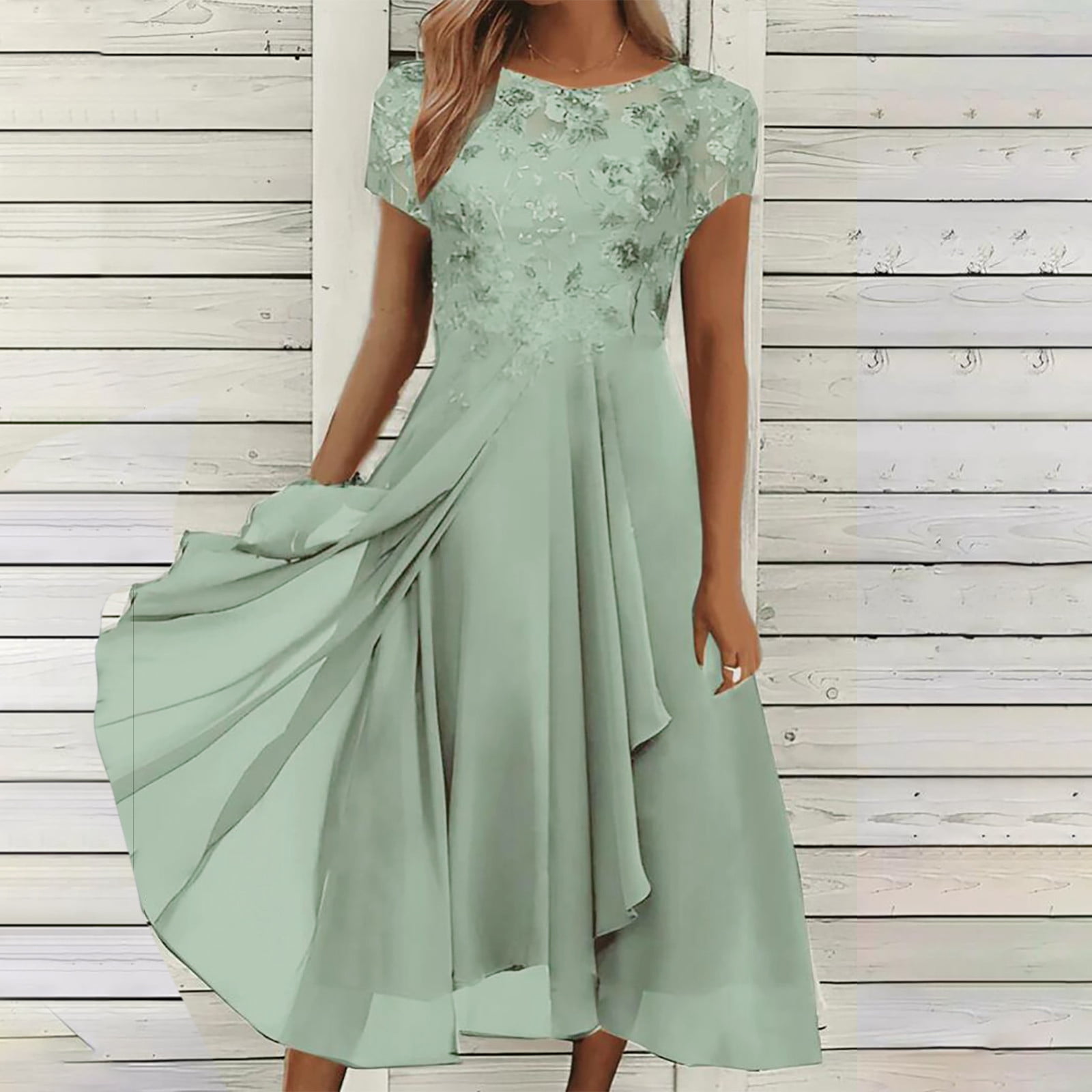 yievot Women's Dresses Sexy Solid Short Sleeve Round Neck Lace Chiffon Mesh A Line Party Dresses Green XXXL