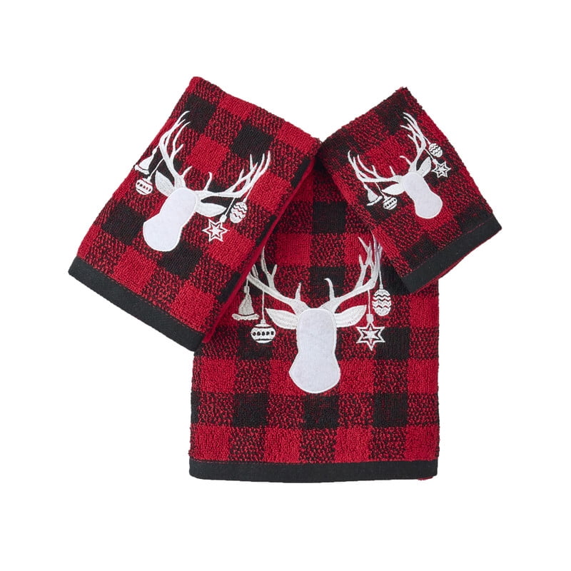 Marina Decoration Christmas Premium Luxury Decor Ultra Soft 100% Cotton Embroidered Bathroom Modern 3 Piece Towel Set, Red Black Plaid Xmas Deer Pattern