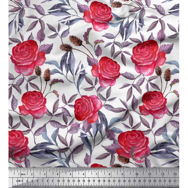 Soimoi Tissu Poly Georgette Feuilles & Roses Imprimé Tissu d'Artisanat au Mètre 52 Pouces de Large