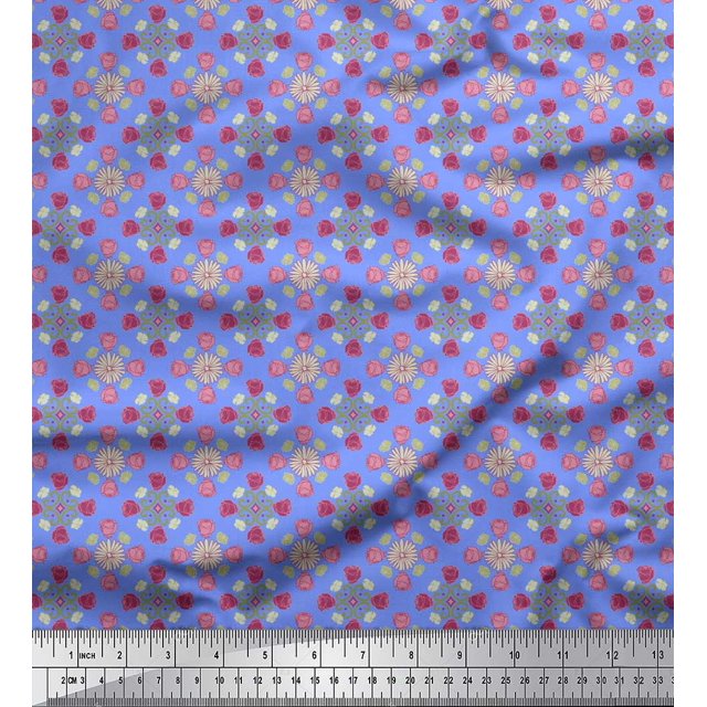 Soimoi Blue Cotton Jersey Fabric Aster & Roses Damask Fabric Prints By Yard 58 Inch Wide