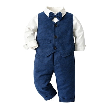 Pandaie Baby Boy Suit Toddler Formal Outfit Kids 3 Piece Vest Gentleman Clothes Long Sleeve Shirt Pants Overalls Set Blue 12-18 Months