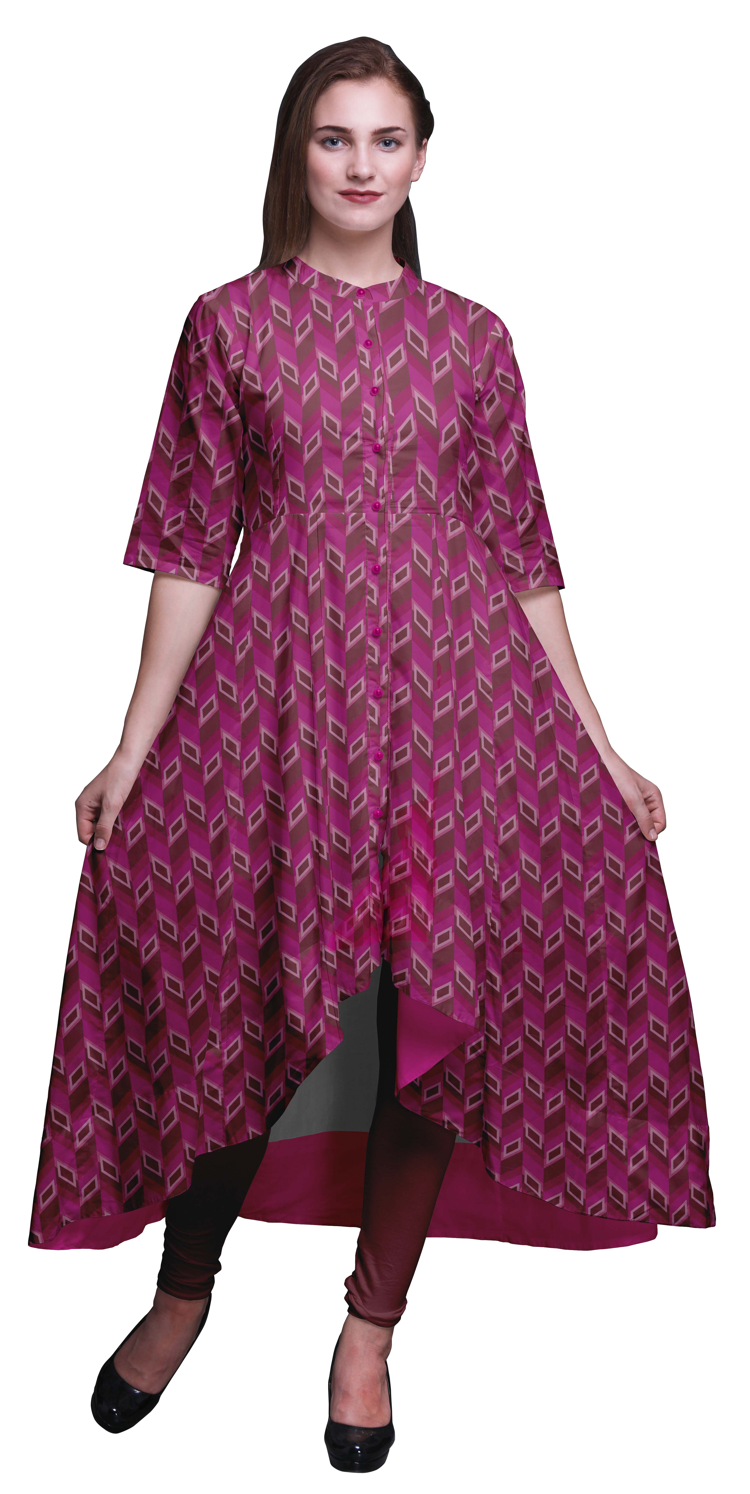 Bimba Robe Anarkali Rose à Chevrons Géométriques Imprimée Col Mandarin Kurtis Indiens pour Femmes Tenue de Fête Anarkali Kurta -X-Grand