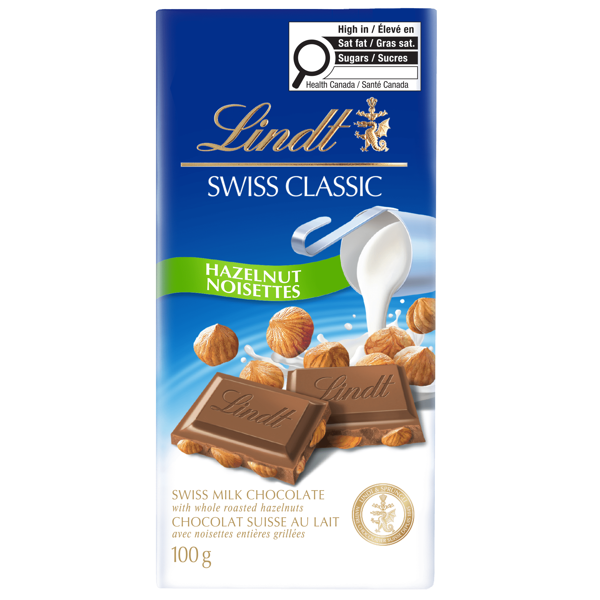 Lindt SWISS CLASSIC Hazelnut Milk Chocolate Bar, 100 Grams