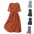 thumbnail image 1 of Sentmoon Robe Maxi en Lin à Col Rond, Manches Courtes, Longues Robes pour Femmes, Décontractée, Broderie, Coupe Ample, à Lacets, Longues Robes d'Été pour Femmes, Articles Actifs de Plage pour Voyage et Plein Air, 1 of 9
