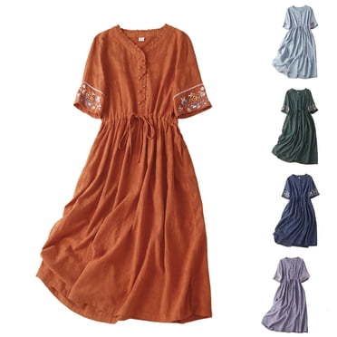 Sentmoon Robe Maxi en Lin à Col Rond, Manches Courtes, Longues Robes pour Femmes, Décontractée, Broderie, Coupe Ample, à Lacets, Longues Robes d'Été pour Femmes, Articles Actifs de Plage pour Voyage et Plein Air