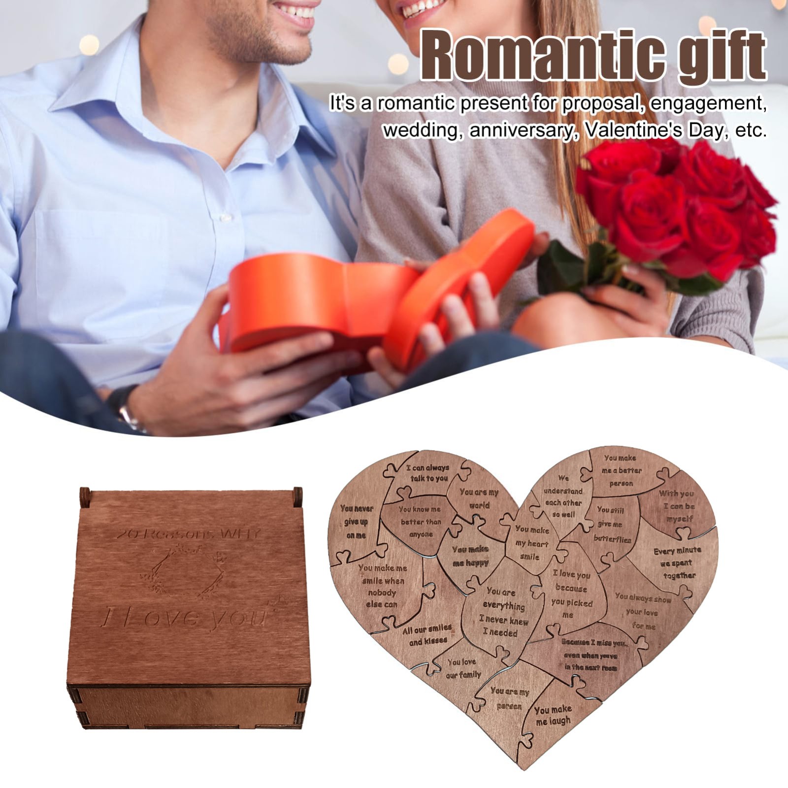 TIMIFIS Valentine Day Puzzle, 20 Reasons Why I You Wooden Heart Puzzle Gift Valentine's Day Souvenir Gift Wooden Box Puzzle Apartment Essentials