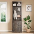 thumbnail image 2 of 77" Freestanding Entryway Hall Tree with Shoe Storage, Space-Saving Coat Rack Featuring 5 Hooks, 2 Open Cubbies and Shoe Cabinet for Hallway, Living Room and Mudroom, White/Brown, 2 of 9