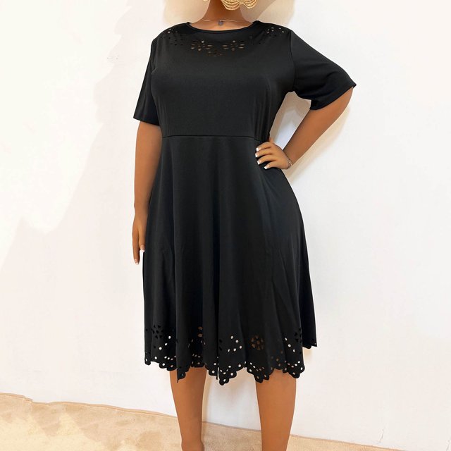 LOVZFMLL Robe Maxi d'Été Ample pour Femme, Unie, à Fleurs Brûlées, Ajourée, à Manches Courtes, à Col Rond, Noire, TG