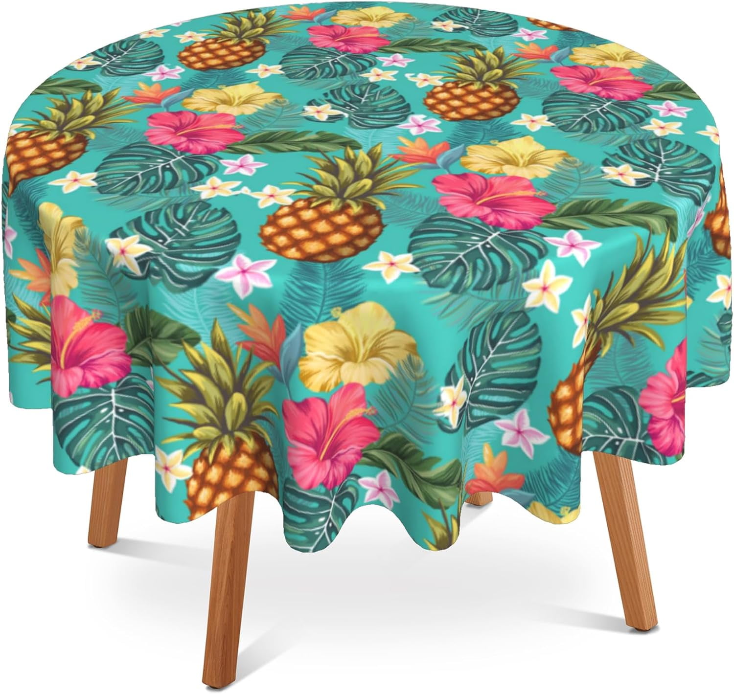 Pineapple 60 Inch Round Tablecloth,Tropical Palm Leaves Flowers Table Cloth Waterproof Stain and Wrinkle Resistant Circle Table Cover for Kitchen Dining Picnic Camping Indoor Outdoor Decor