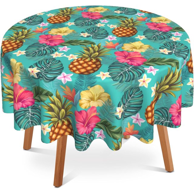 Pineapple 60 Inch Round Tablecloth,Tropical Palm Leaves Flowers Table Cloth Waterproof Stain and Wrinkle Resistant Circle Table Cover for Kitchen Dining Picnic Camping Indoor Outdoor Decor