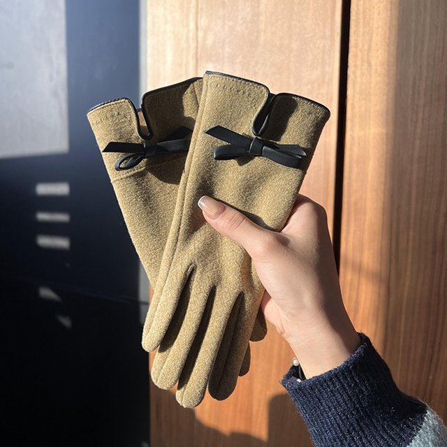 Ladies' De Rong Warm Gloves with Bows Suitable for Cycling To Work with Extra Fleece Thickened and Windproof for Cycling