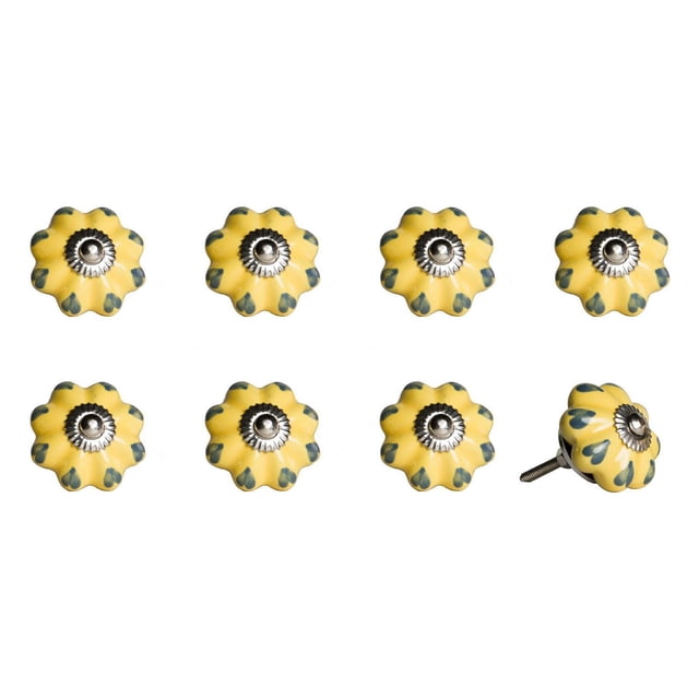 KNOB-IT vintage handpainted ceramic knobs 8 pack with yellow flower-shaped design, green petal accents, and silver metal centers, each 1.5 inches diameter with 1.25 inch bolts that can be trimmed, suitable for cabinets, drawers, and cupboards.