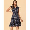 thumbnail image 2 of INSPIRE CHIC Robe pour Femme à Fleurs Manches Volantées Col en V Décontractée Smockée à Volants Robes TG Bleu Marine, 2 of 6