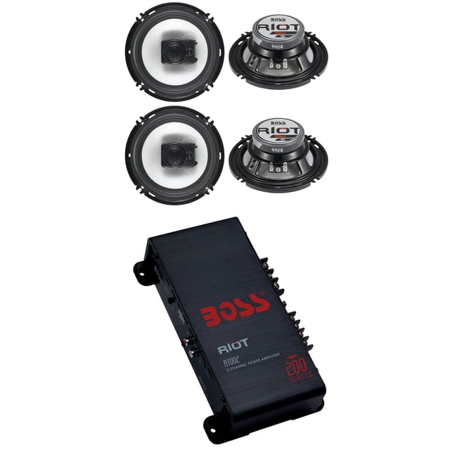 4) Boss R63 6.5" 300W 3 Way Coaxial Speakers +R1002 200W 2 Channel Amplifier Amp