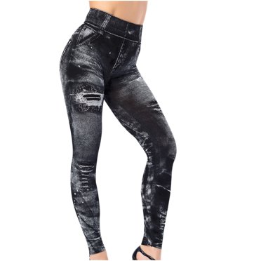 Pisexur Women's High Waist Leggings Ladies Elastic Imitation Ripped Knee Denim Leggings Super Soft Tummy Control Slimming Yoga Pants for Workout Running Reg & Plus Size