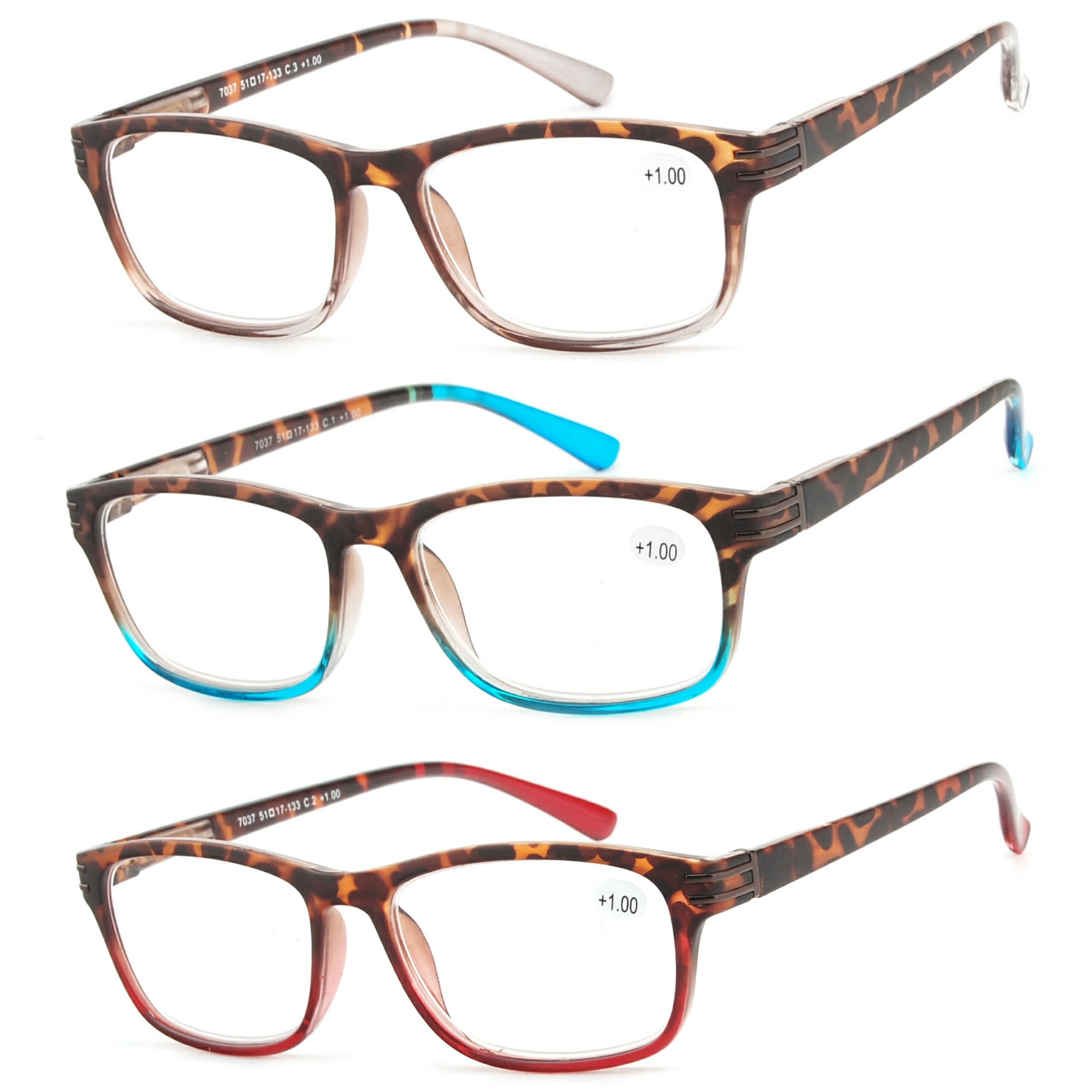 Success Eyewear Reading Glasses 3 Pair Great Value Stylish Readers Fashion Men and Women Glasses for Reading Set of Havana Clear, Havana Red, Havana Blue 3.25