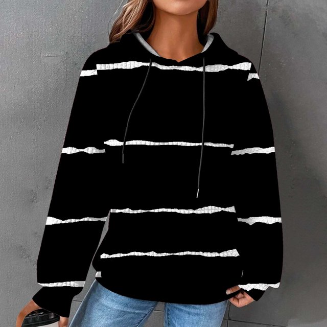 EGNMCR Sweat à Capuche à Manches Longues pour Femmes, Imprimé Rayé, avec Poches, Automne
