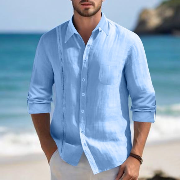 Gspmoly Tshirts Shirts for Men, Men'S Vintage Casual Pocket Solid Color Button Lapel Fashion Long Sleeve Shirt. Men Top Summer Savings Clearance