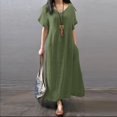 thumbnail image 2 of Yuyuzo Robe Maxi en Coton et Lin pour Femmes à Manches Courtes, Col en V, Longue Robe Décontractée Ample et Fluide avec Poches, 2 of 6