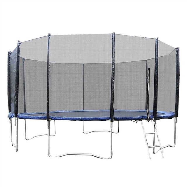 Gymax Trampoline Récréatif Extérieur de 16 Pieds avec Filet de Sécurité, Échelle et Cadre en Acier Galvanisé. Conçu pour le Jeu dans la Cour Arrière, Il Comprend un Tapis de Trampoline Bleu et Noir en Matériau PP Résistant aux UV, des Pattes en U pour la Stabilité et des Manchons Rembourrés de Mousse pour une Sécurité Accrue. Idéal pour le Plaisir en Plein Air et l'Usage Récréatif.