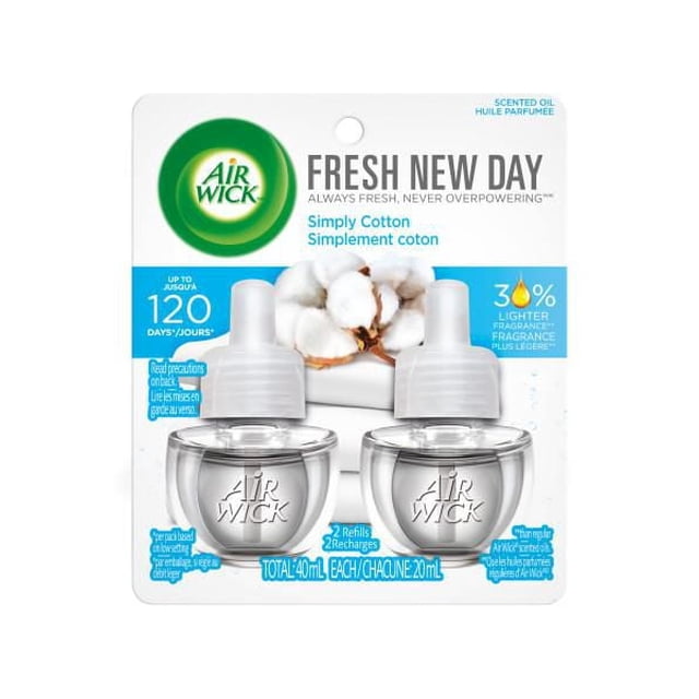 Air Wick Recharges d'Huile Parfumée à Brancher, Lot de 2 Fresh New Day Parfum Simplement Coton, Chaque Bouteille en Verre Transparent de 20 ml avec Bouchon Blanc dans un Emballage de Vente au Détail Présentant des Images de Coton, Offrant un Parfum Plus Léger de 30 % et jusqu'à 120 Jours de Parfum Continu pour la Maison Ou le Bureau.