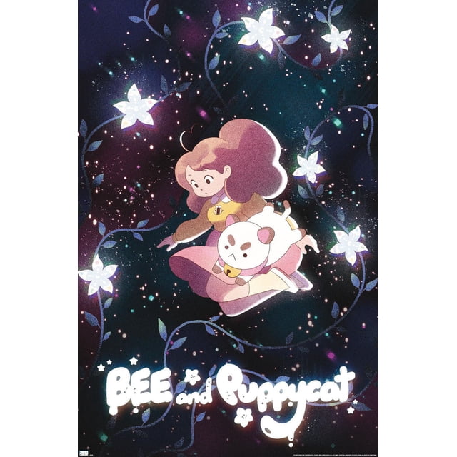 Bee And Puppycat - Affiche Murale d'Art Clé Fleurs de l'Espace, 22,375 Pouces x 34 Pouces Représentant une Fille Animée aux Cheveux Bruns Volumineux Portant une Toupie Jaune avec un Emblème d'Abeille et une Jupe Rose, Tenant un Personnage Blanc Type Chat avec un Col Cloche, sur un Fond Cosmique Sombre avec des Fleurs Blanches Lumineuses et des Vignes Tourbillonnantes, avec le Titre Lumineux « Bee And Puppycat » au Bas. Cette Affiche Brillante Est Idéale pour Décorer des Chambres, des Bureaux Ou des
