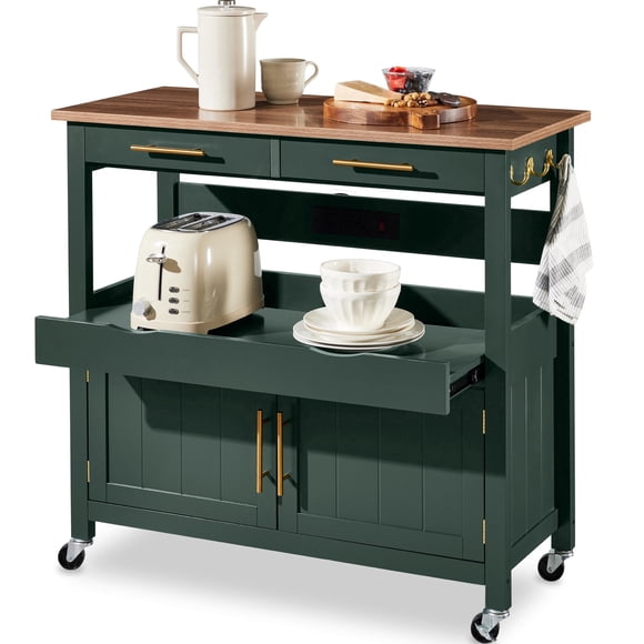 Best Choice Products 36in Large Rolling Kitchen Island Cart, 2-Door Cabinet, Outlet, Hooks, & Wheels - Forest Green