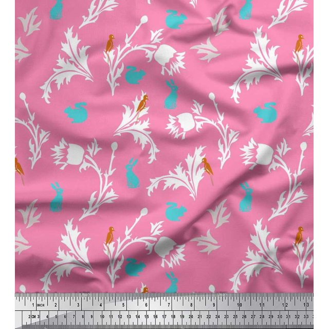 Soimoi Moss Georgette Fabric Leaves,Floral & Rabbit Animal Printed Fabric 1 Yard 42 Inch Wide