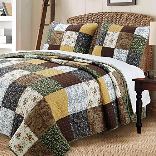 Cozy Line Home Fashions Andy Brun Olive Jaune Moutarde Noir Véritable Courtepointe Patchwork Ensemble de Literie, Couvre-Lit Réversible 100 % Coton