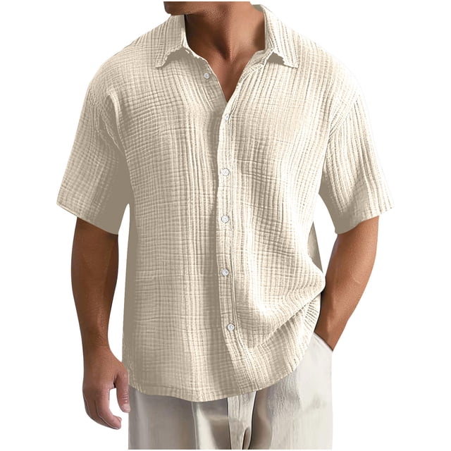 Kaemgyyd Mens Button down Shirt Lightweight Summer Beach Vacation Tops Casual Loose Textured Solid Color Half Sleeve Tee