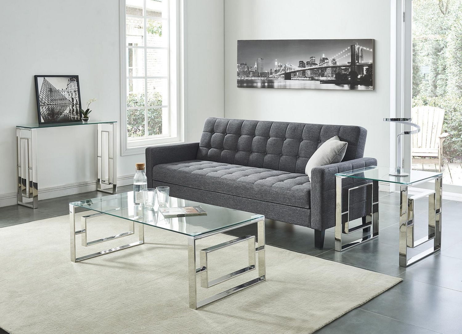 Console/bureau contemporain en acier inoxydable et verre – argent