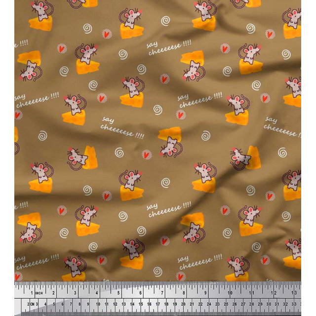 Soimoi Tissu Cambric Coton Brun Tranches de Fromage & Rats Tissu Imprimé pour Enfants 1 Yard 42 Pouces de Large