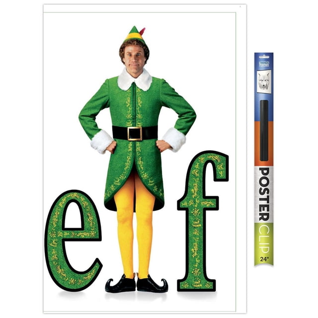 Elf - One Sheet Wall Poster, 22.375" x 34" showing a front-facing person in a green elf costume with white fur trim on collar and cuffs, black belt with gold buckle, yellow tights, black curled shoes, and a green and yellow elf hat with red feather, standing between large decorative green letters 'e' and 'f' on a white background, ideal for festive wall art or party décor.