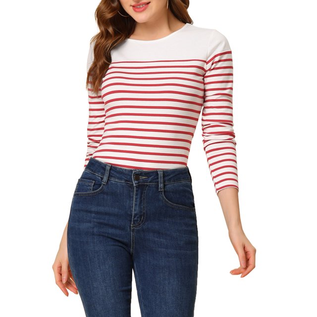 INSPIRE CHIC Blouse pour Femme à Rayures à Blocs de Couleur à Manches Longues T-Shirt Décontracté TG Blanc Rouge