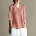 thumbnail image 2 of Pisexur Haut à Manches Courtes à Col Rond Brodé Rétro à la Mode pour Femmes, Hauts pour Femmes, Blouses Habillées Décontractées, Hauts pour Femmes Rose, G, 2 of 4