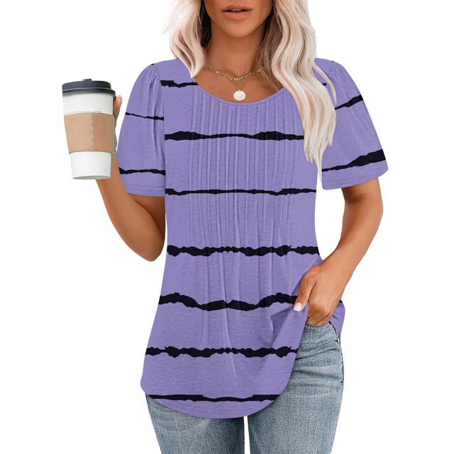 Meichang T-Shirts pour Femmes Manches Courtes Plissés Habillés Décontractés Col Rond Tops d'Été Tendance à Rayures Imprimé T-Shirts Doux Confortables Tuniques Blouses