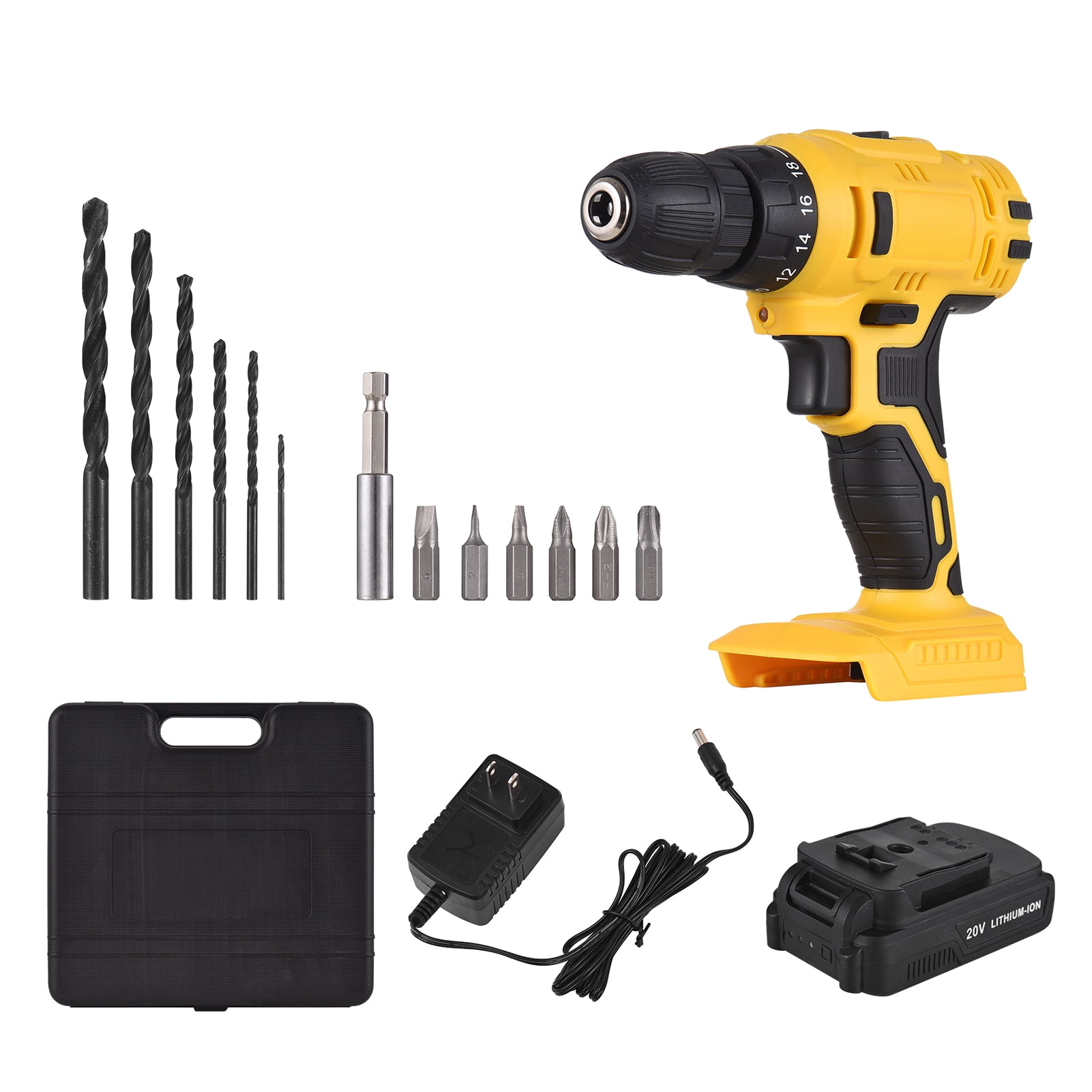 Mistaha Portable 20V Cordless Electric Drill with 3/8" Chuck, 18+1 Torque Settings, 13PCS Extension Bits, Rechargeable Battery and Charger - Yellow