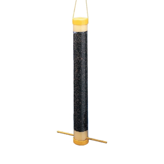 North States Fun Feeder with Seed, a 14-inch clear weather-resistant PVC tube bird feeder with yellow vinyl caps and an attached perch, filled with 9 oz. of thistle seed to attract goldfinches, house finches, and purple finches.