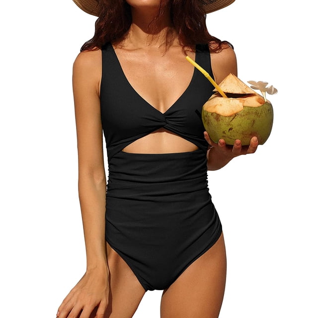 Charmo Womens One Piece Swimsuit Ruched Tummy Control V Neck Bathing Suits Swimwear
