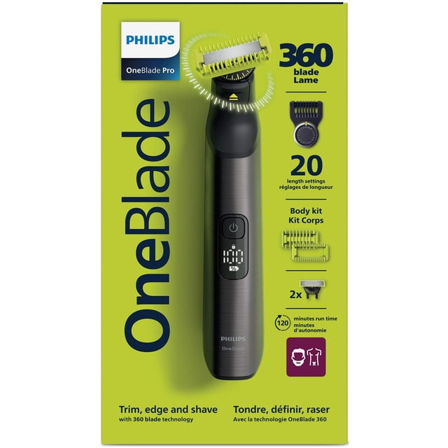 Philips OneBlade 360 Face & Body Pro+ trimmer with black ergonomic handle and digital display, featuring a 360-degree rotating blade, 20 adjustable length settings, body kit attachments, and 120 minutes runtime, shown on lime green bilingual packaging.
