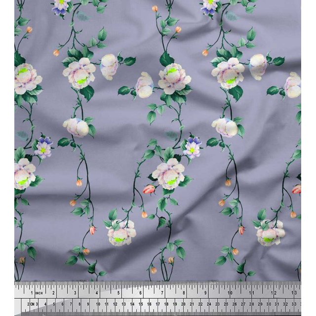 Soimoi Modal Satin Fabric Leaves & Peony Floral Fabric Prints by Yard 42 Inch Wide