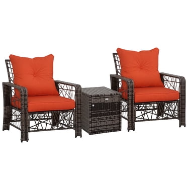 Outsunny Ensemble de Mobilier de Patio en Osier 3 Pcs, Ensemble Bistro en Rotin avec Table Basse de Rangement et Coussins Épaissis, Ensemble de Conversation Extérieur pour Jardin, Véranda, Balcon, Rouge