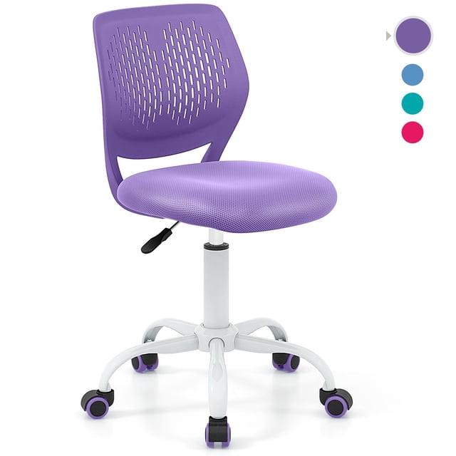Giantex Kids Desk Chair in purple, featuring an armless design with a breathable mesh backrest and padded seat. The chair includes adjustable height from 16.5 to 21 inches, a 360° swivel seat, and a sturdy white metal base with five smooth-rolling wheels. Ergonomically designed for children, it supports up to 250 lbs and is suitable for study rooms, bedrooms, or libraries.