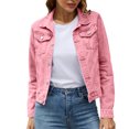 thumbnail image 1 of Women's Denim Jacket Basic Solid Color Button Down Coat with Pockets Stylish Casual Outerwear Comfortable Fit, 1 of 9