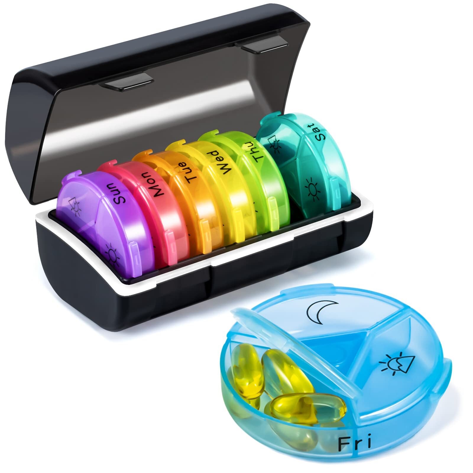 WANGQI Weekly Pill Organizer Medicine Container, Round Pills Cases Organizers 7 Day 3 Times A Day with Large Compartments