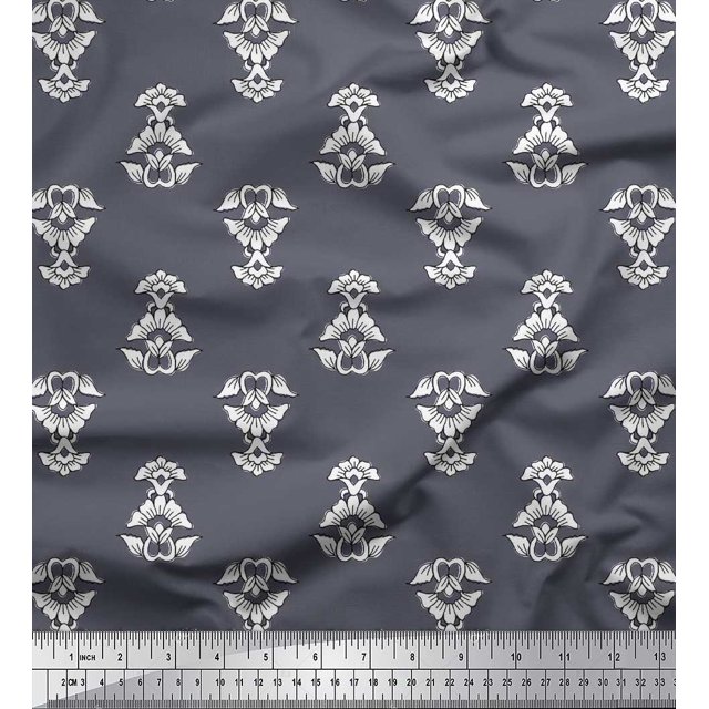 Soimoi Velvet Fabric Leaves & Floral Block Printed Fabric 1 Yard 58 Inch Wide