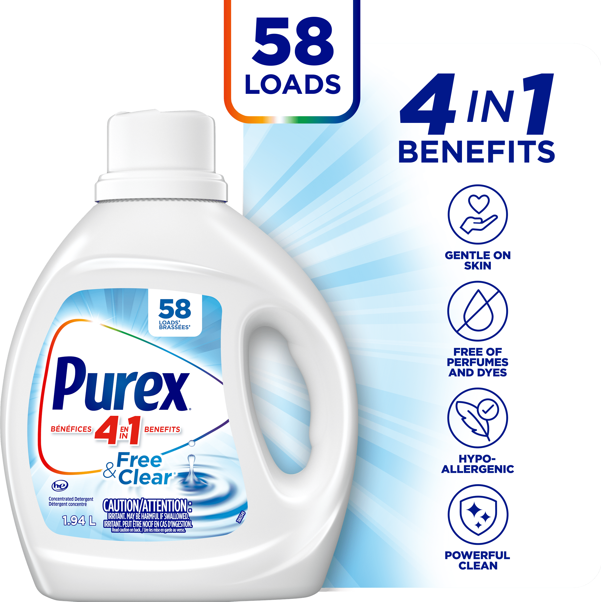 Purex Free and Clear, Concentrated Hypoallergenic Liquid Laundry Detergent for Sensitive Skin, Free of Perfumes and Dyes, 1.94L, 58 Wash Loads, HE Compatible, 1 bottle